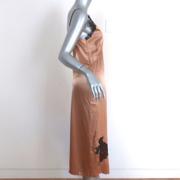 HELMUT LANG LACE-TRIM SLIP DRESS GOLD SATIN SIZE SMALL SPAGHETTI STRAP MIDI - Picture 3 of 8